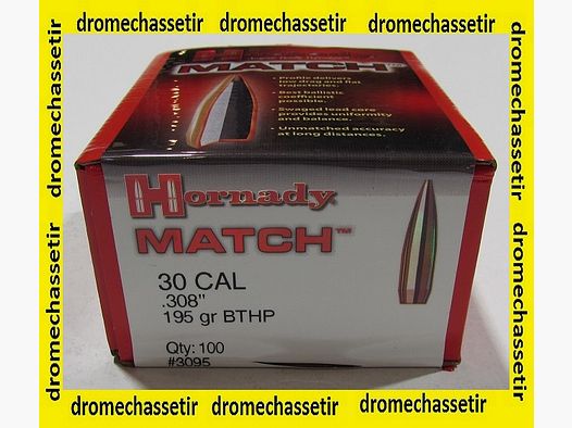 boite de 100 ogives Hornady Match BTHP cal 30 poids 195 grains ref 3095