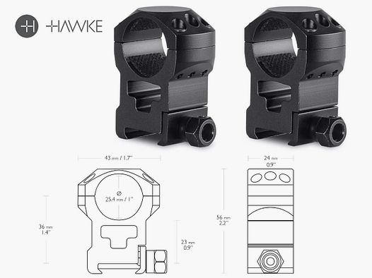 HAWKE Zielfernrohrmontage, Ringmontage (Paar), Weaverschiene, 1 Zoll Durchmesser, Alu, extrahoch