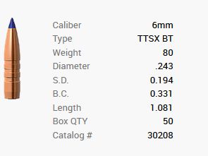 Barnes Geschoss 6mm/.243 80GR Tipped TSX BT 50 Stück
