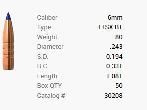 Barnes kogel 6mm/.243 80GR Tipped TSX BT 50 stuks