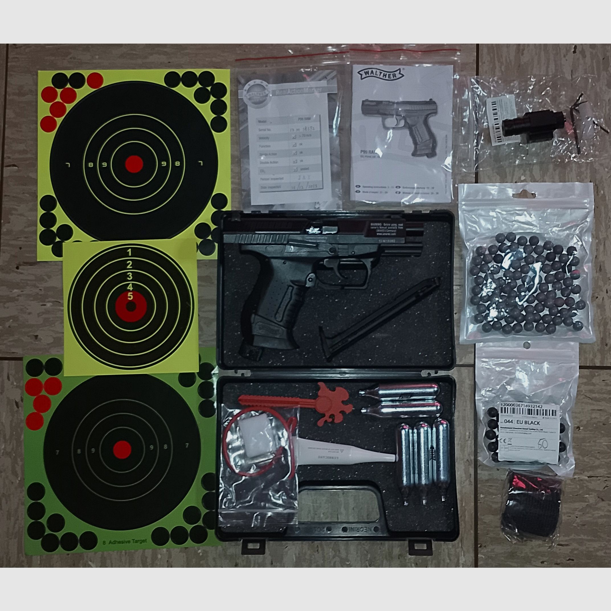 Walther P99 RAM mit Zubehör Laser Koffer Zielscheiben  Rubberballs Polyballs Set 