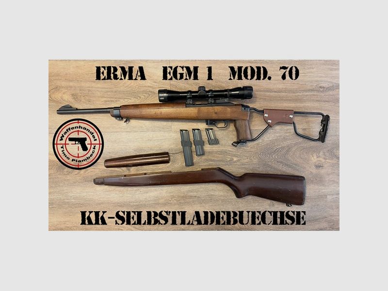 KK-Selbstladebüchse ERMA EGM 1 Mod. 70 mit Klappschaft, original Holzschaft, drei Magazine..