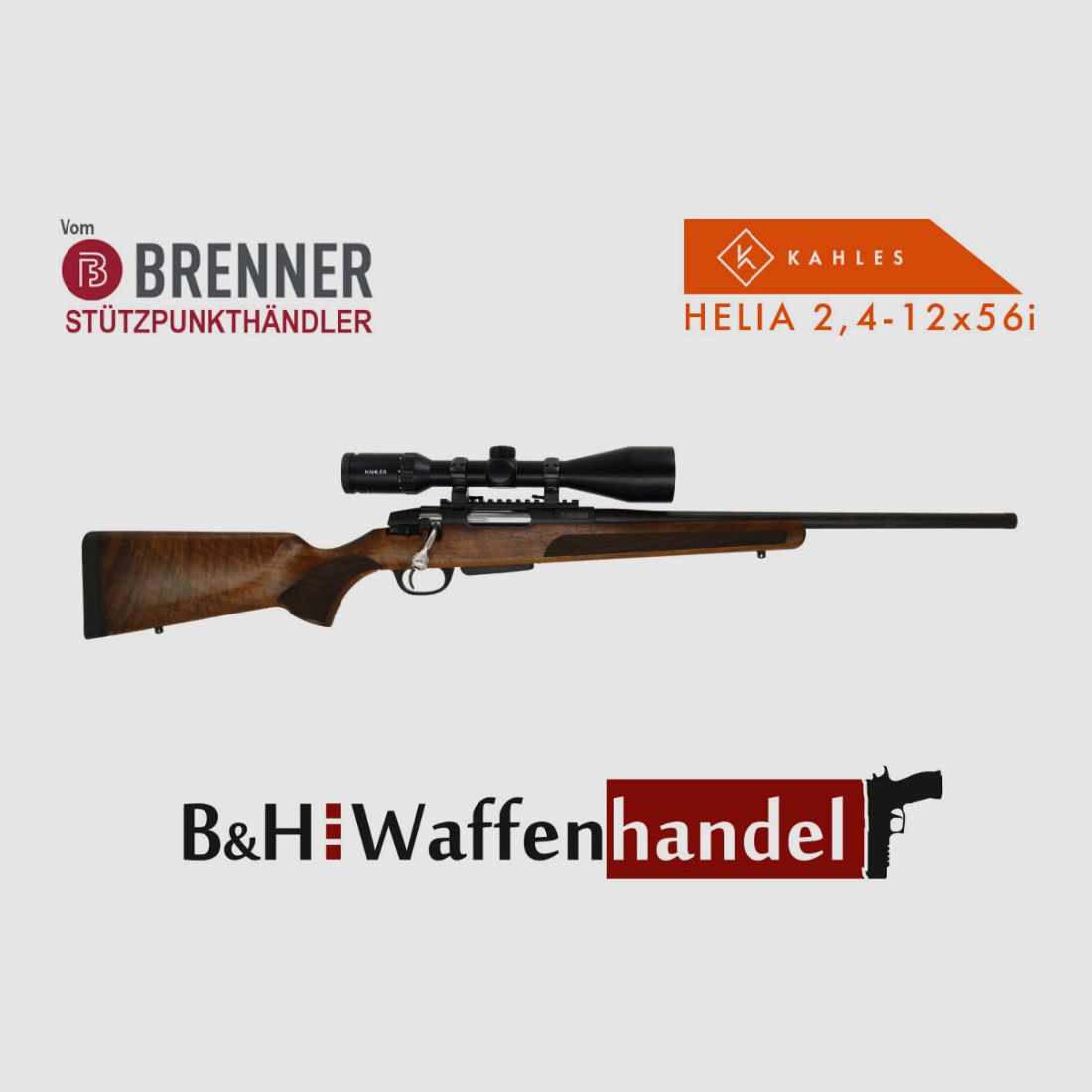 Brenner Komplettpaket: BR20 Repetierer Nussbaum-Schaft mit Kahles Helia 2.4-12x56i Komplettset Jagdbüchse