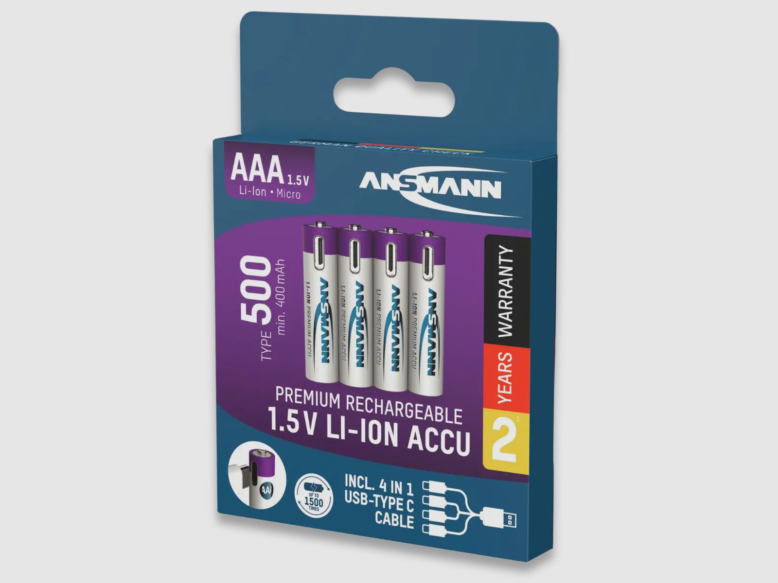 Paquete de 4 baterías AAA de iones de litio Ansmann, incluyendo cable de carga