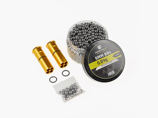 Bundle – 2x Shotshell Cal. 68 + Buttstock Adapter + 750x 6mm Steel BBS | HDS68 t4e | 4x3 6mm | ALU Gold eloxiert
