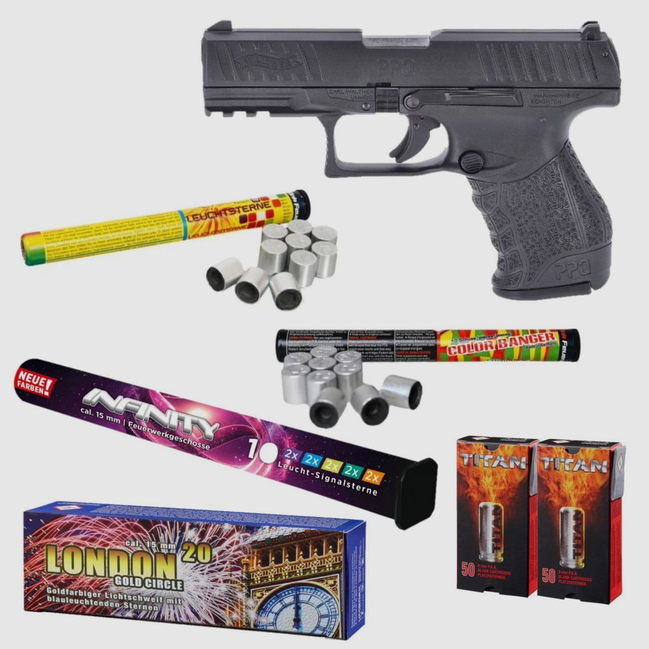 Feuerwerk Silvester Paket Walther PPQ M2 Schreckschuss Pistole 9 mm P.A.K. sc...