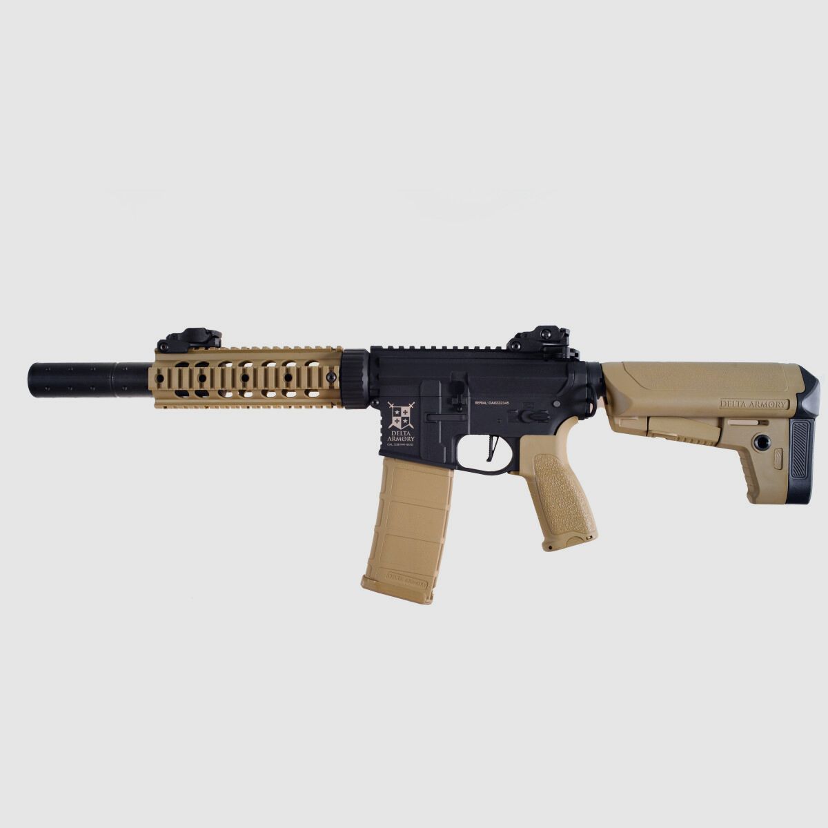 AR15 SilentOps 7 pulgadas CHARLIE Tan/Negro S-AEG Rifle Airsoft Libre a partir de 18 Años | Delta Armory