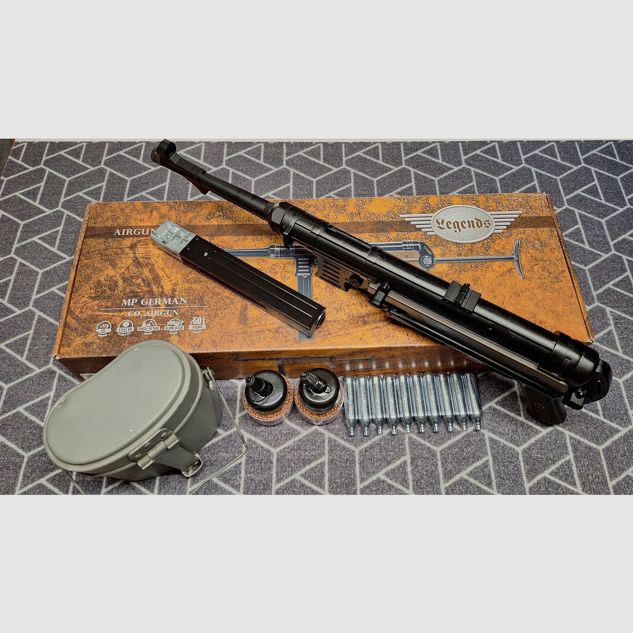 Legendy MP40 - 4,5 mm stalowe BB Co2 - Całkowicie metalowy! Z CO2+amunicją+uchwytem!
