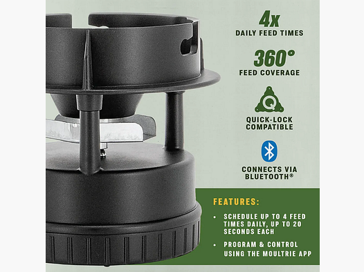 MOULTRIE All-in-one II Bluetooth Mini automat karmiący z 4 porami karmienia dziennie, ustawianymi za pomocą wyświetlacza lub aplikacji Moultrie