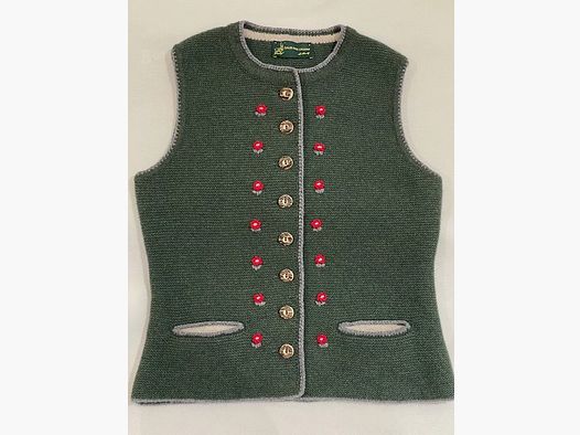 Gilet in lana merino verde loden con fiori