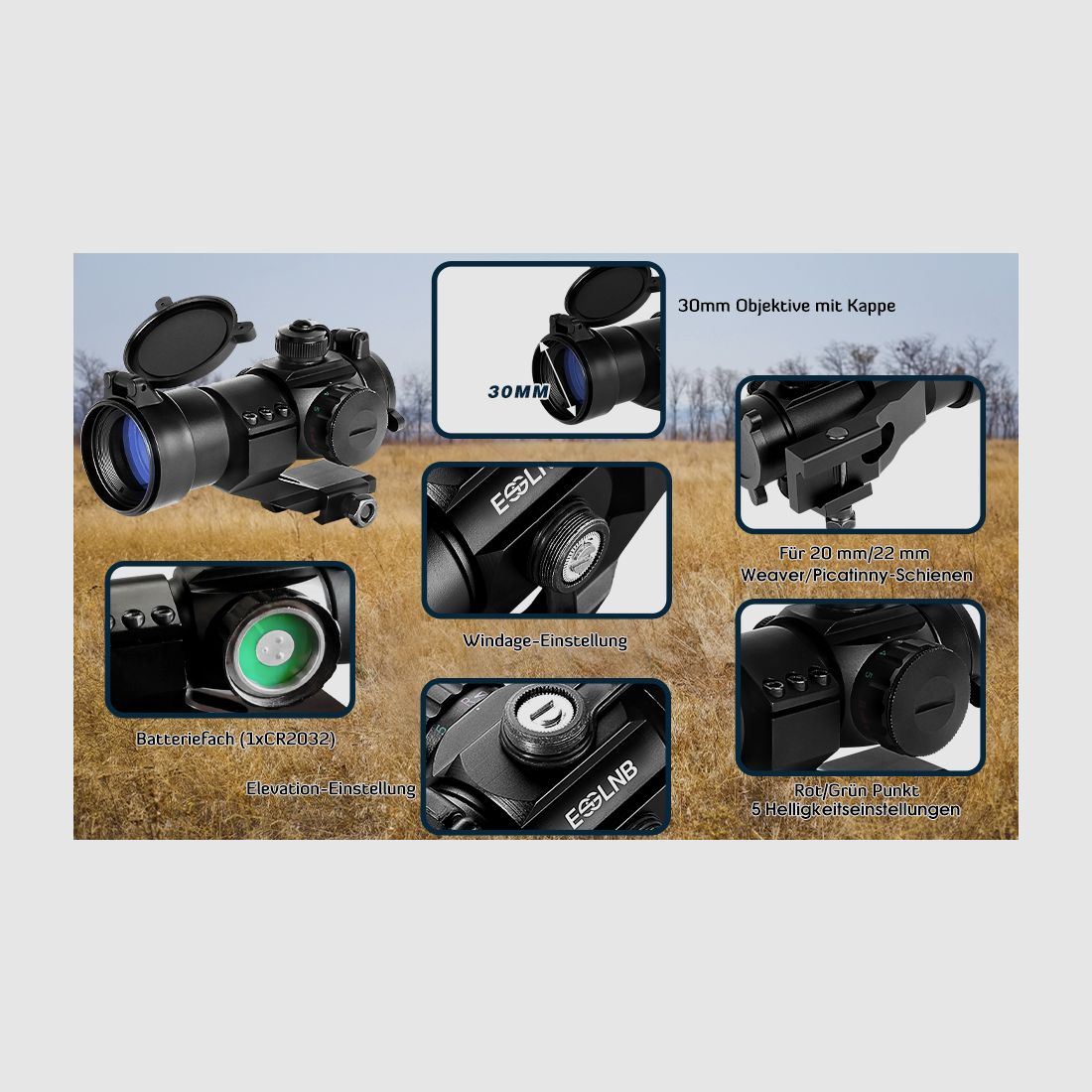 ESSLNB 30mm Red Dot - Red dot sight for Picatinny - Dot reticle - red/green