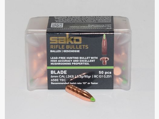 boite de 50 ogives cal 6mm Sako Blade TXM 80 grains ref 658E