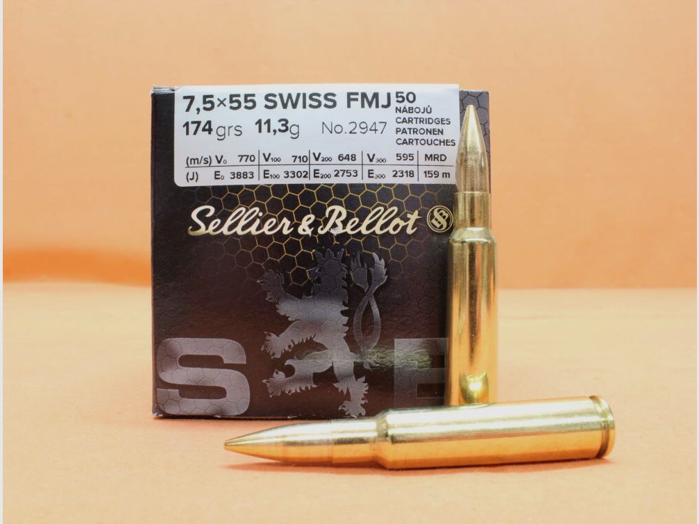 S&B/ Sellier&Bellot @Patrone 7,5x55 S&B/ Sellier&Bellot 1474grs FMJ (2947) VE 50 cartuchos/ 11,3g Full Metal Jacket