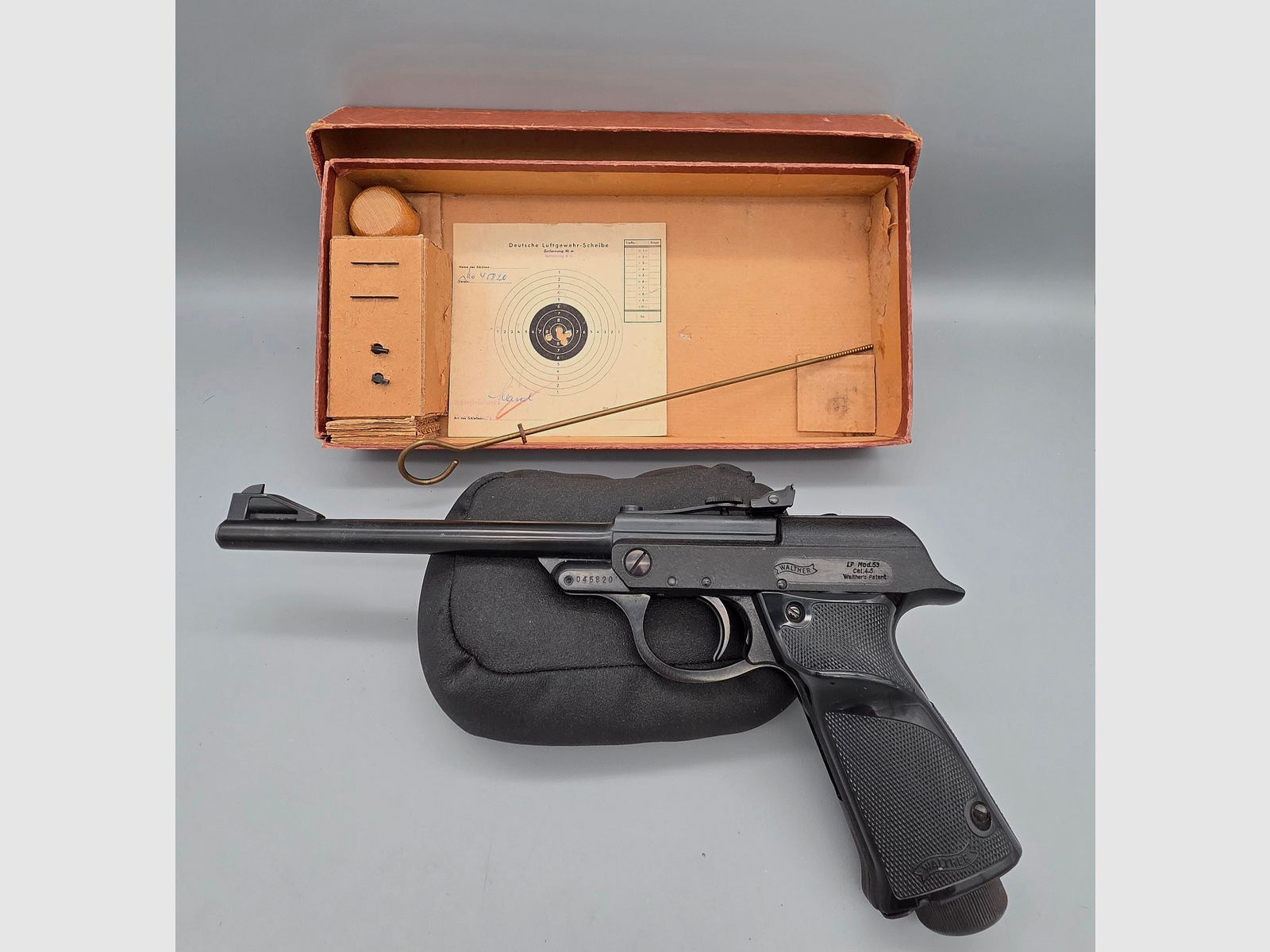 Ohne "F" !!! Luftpistole Walther Mod. LP 53 im OVP Karton u. Anschuss Scheibe aus den 60iger James Bond 007 