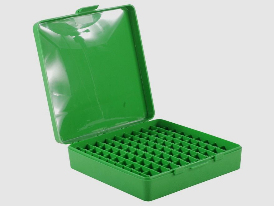 Boîte de cartouches MTM P-100-45-10 verte avec couvercle rabattable pour 100 cartouches .45 ACP et autres.