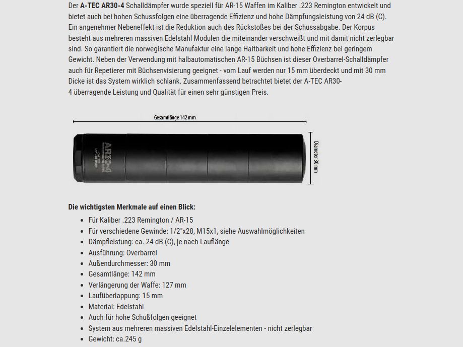 A-TEC AR30-4 - Kaliber .223Rem - Gewinde 1/2x28 - wie neu !!