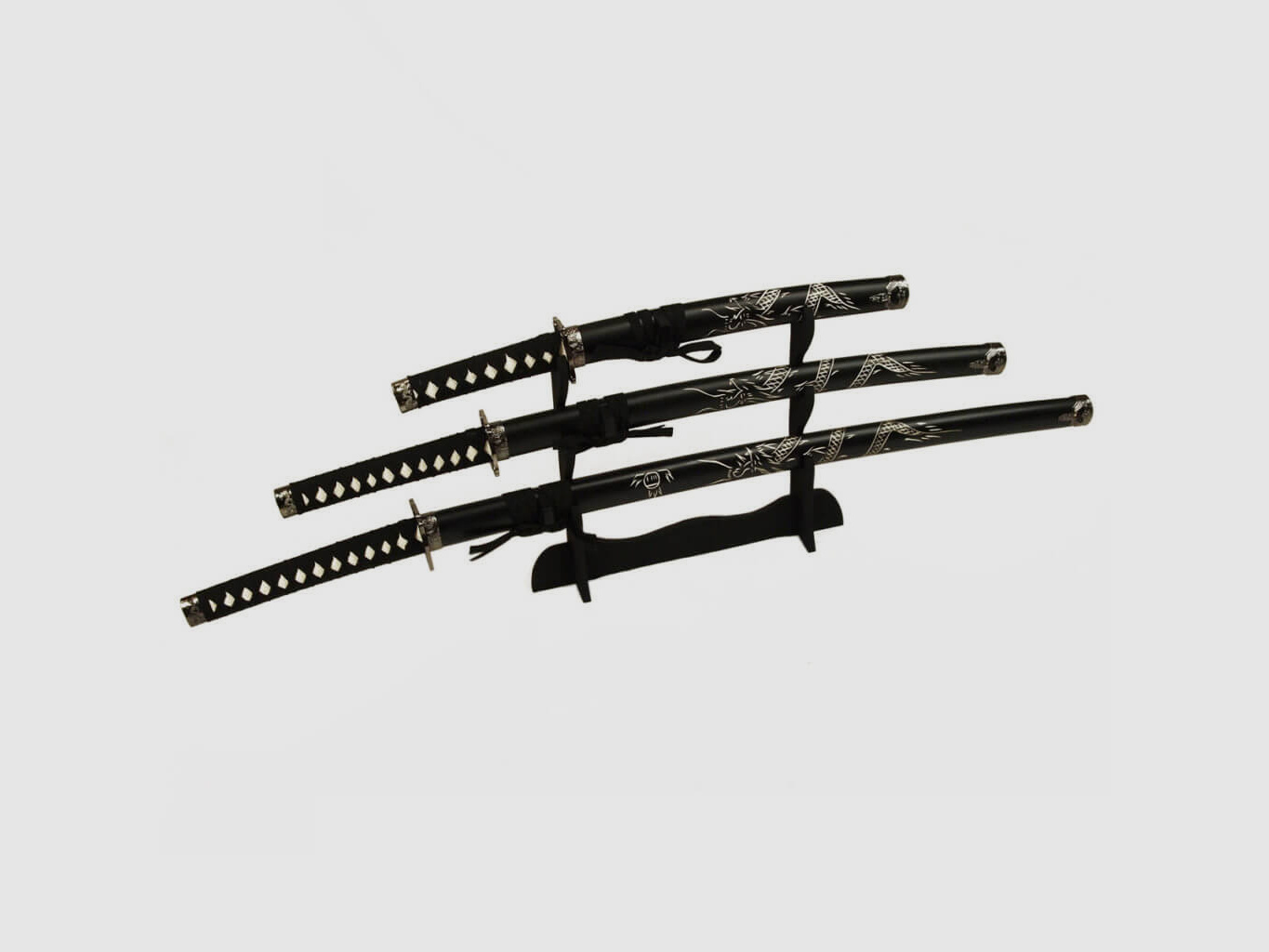 Zestaw mieczy samurajskich Shogun z wygrawerowanym smokiem - katana, wakizashi, tanto, stojak na miecze
