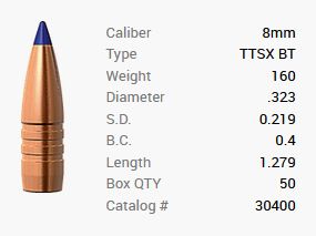 Barnes Geschoss 8mm/.323 160GR Tipped TSX BT 50 Stück