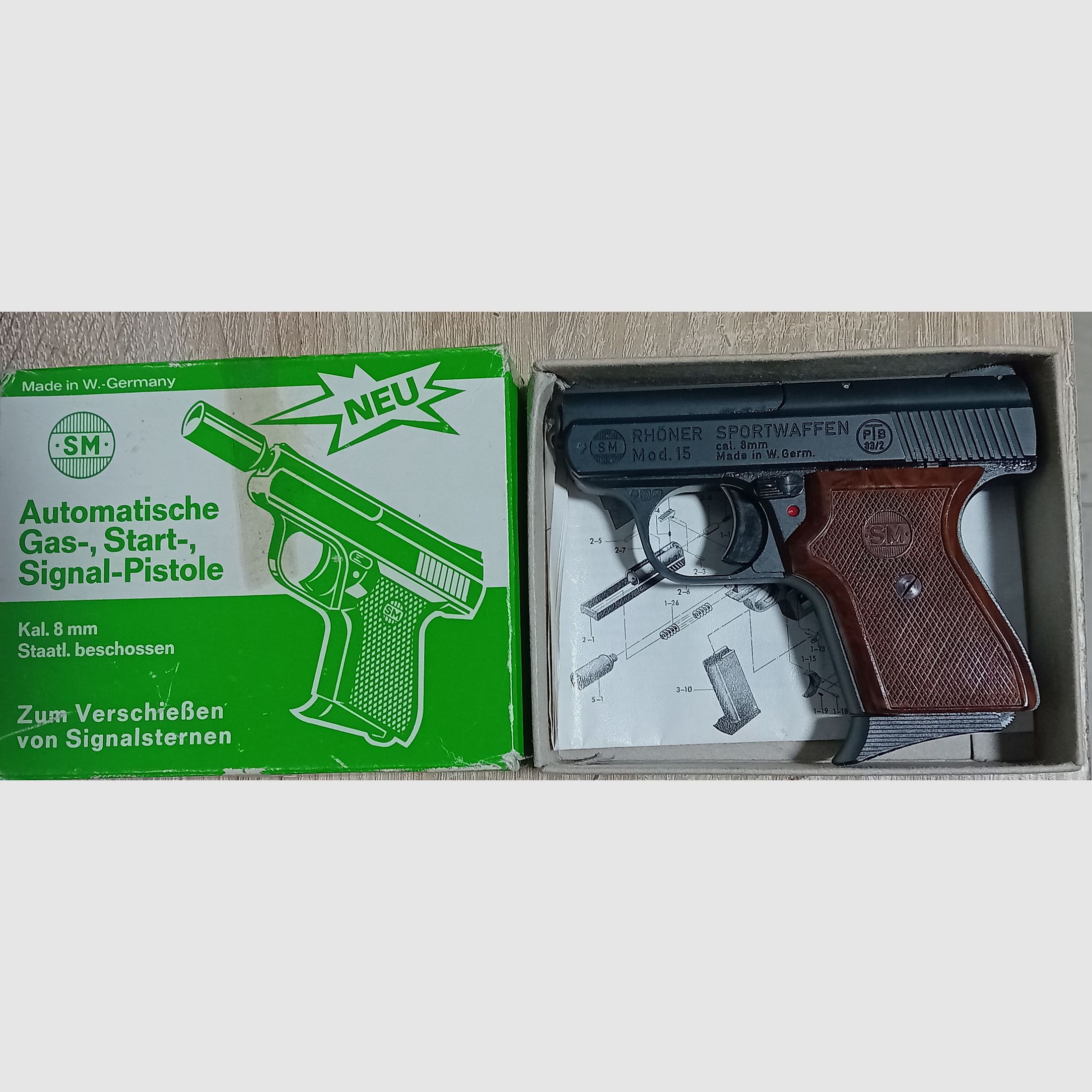 Alte Rhöner SM 15 Kal. 8 mm Knall im PTB 83/2 mit Verpackung!