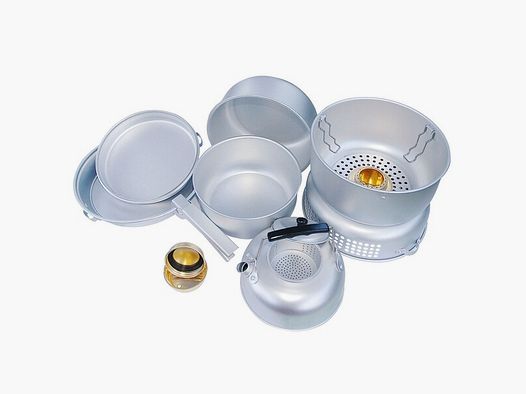 Kochset De Luxe aus Aluminium - mit Spirituskocher - leicht und handlich
