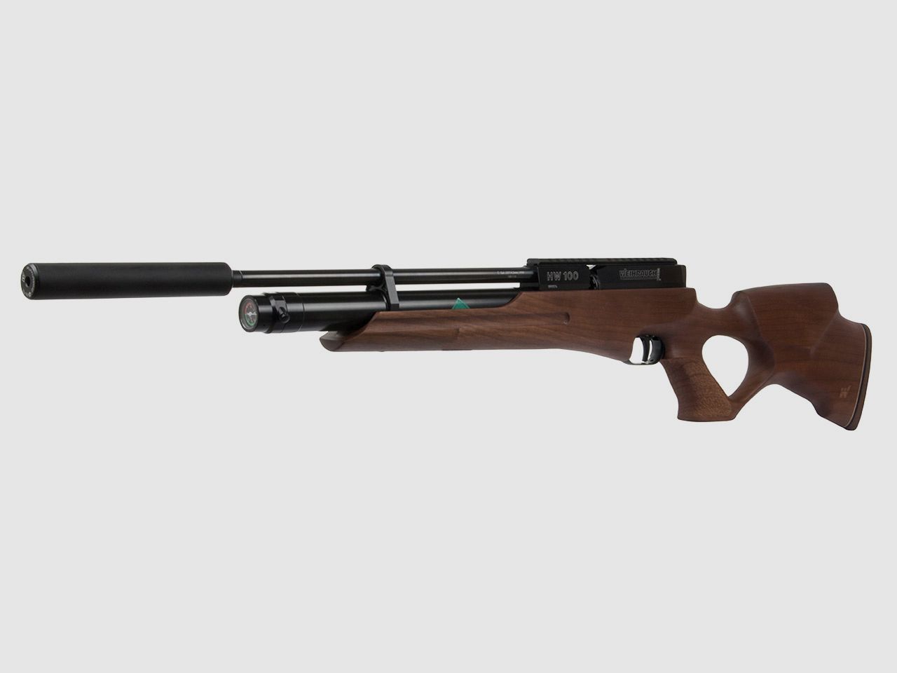 Pressluftgewehr Weihrauch HW 100 T Nussbaum-Lochschaft Kompensator Kaliber 4,5 mm (P18)