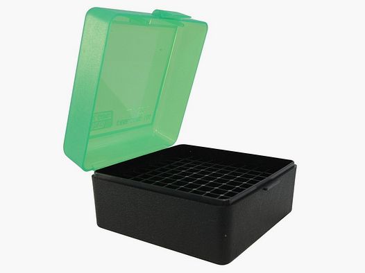Boîte à cartouches MTM RS-100-16T verte/noire avec couvercle rabattable pour 100 cartouches .223 et autres.