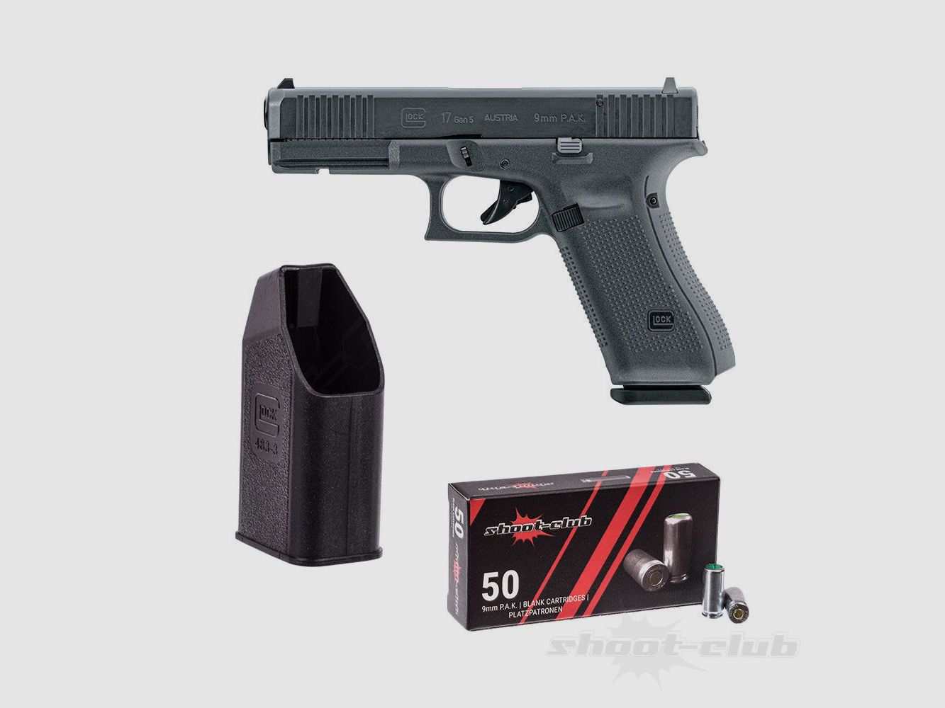 GLOCK Glock 17 Gen5 9mmPAK + Umarex Ladehilfe +50 SC Platzpatronen