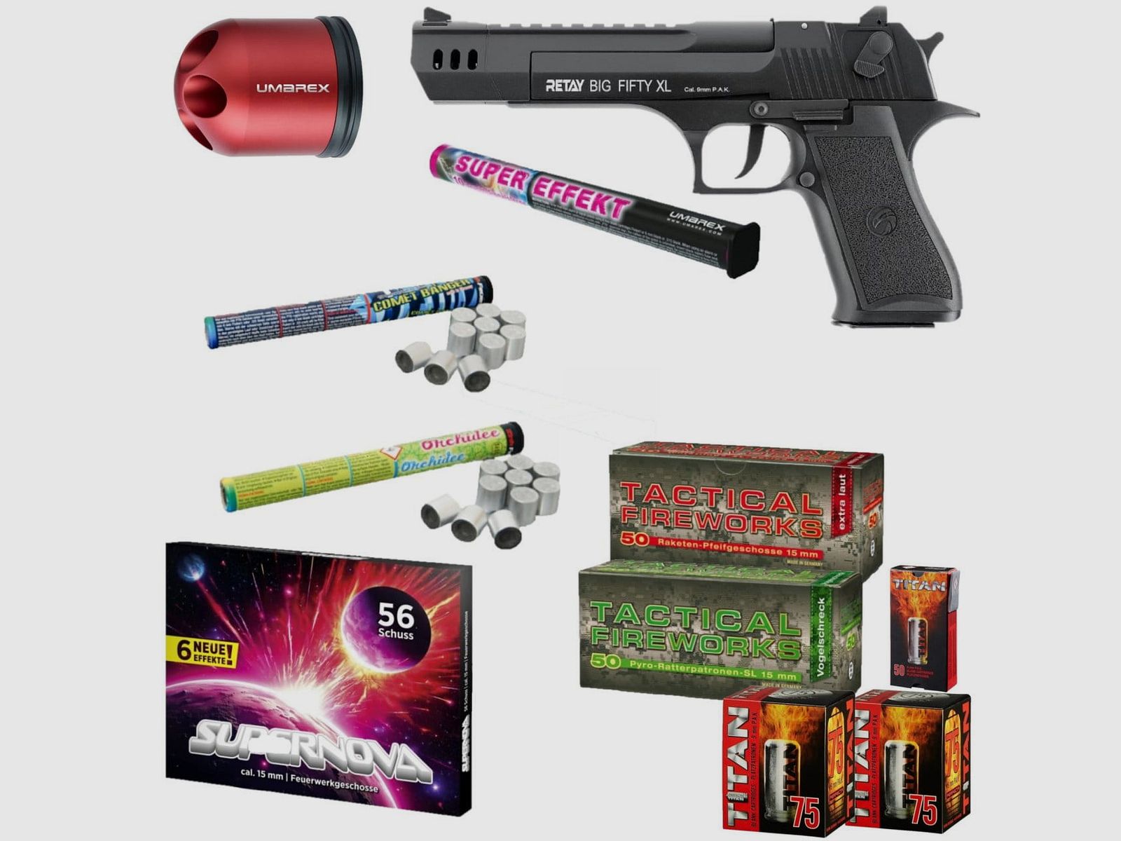 Feuerwerk Silvester Paket Retay Big Fifty XL Schreckschuss Pistole 9 mm P.A.K...