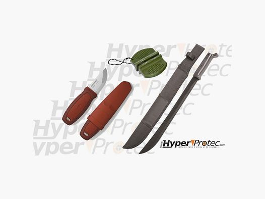 Pack bushcraft avec machette, couteau de survie et affûteur