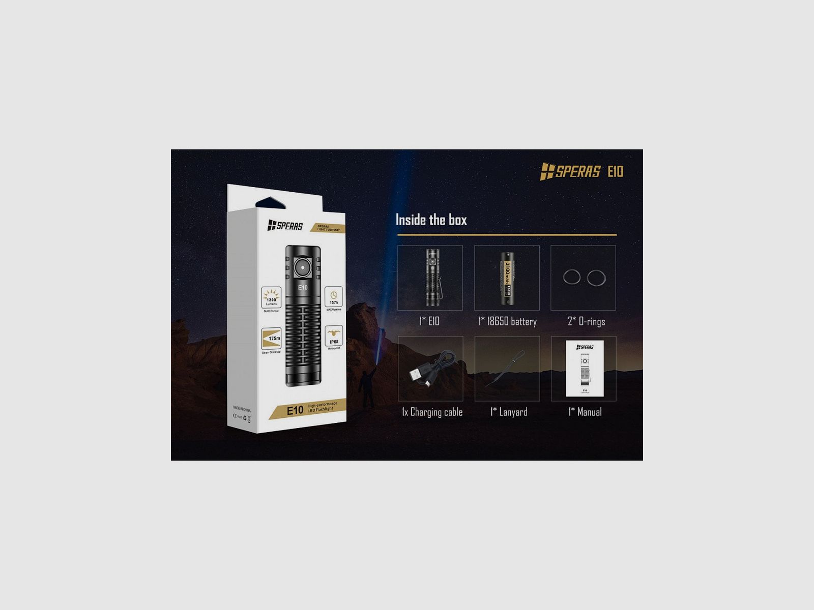 SPERAS TORCIA E10 175M 1300LM OUTDOOR CAMPING EDC USB-C, Bild 14 von 14