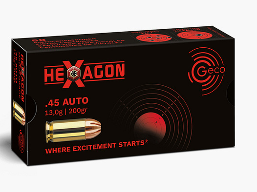 50 Schuss GECO .45 AUTO ACP HEXAGON JHP Hohlspitz Präzisionsmunition 200gr 13g Fangschuss + Sport