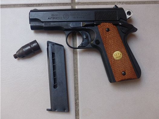 RECK COMMANDER (small 1911) Cal. 8mm k West Germany with magazine, blank firing adapter A, wooden grip panel