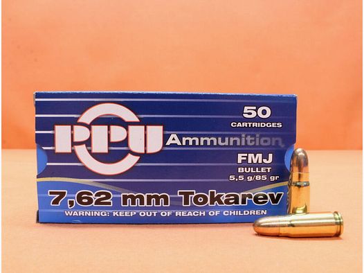 PPU Prvi Partizan Cartucho 7,62mm Tokarev Prvi Partizan 85grs FMJ VE 50 cartuchos (A-147)/ 5,5g Full Metal Jacket