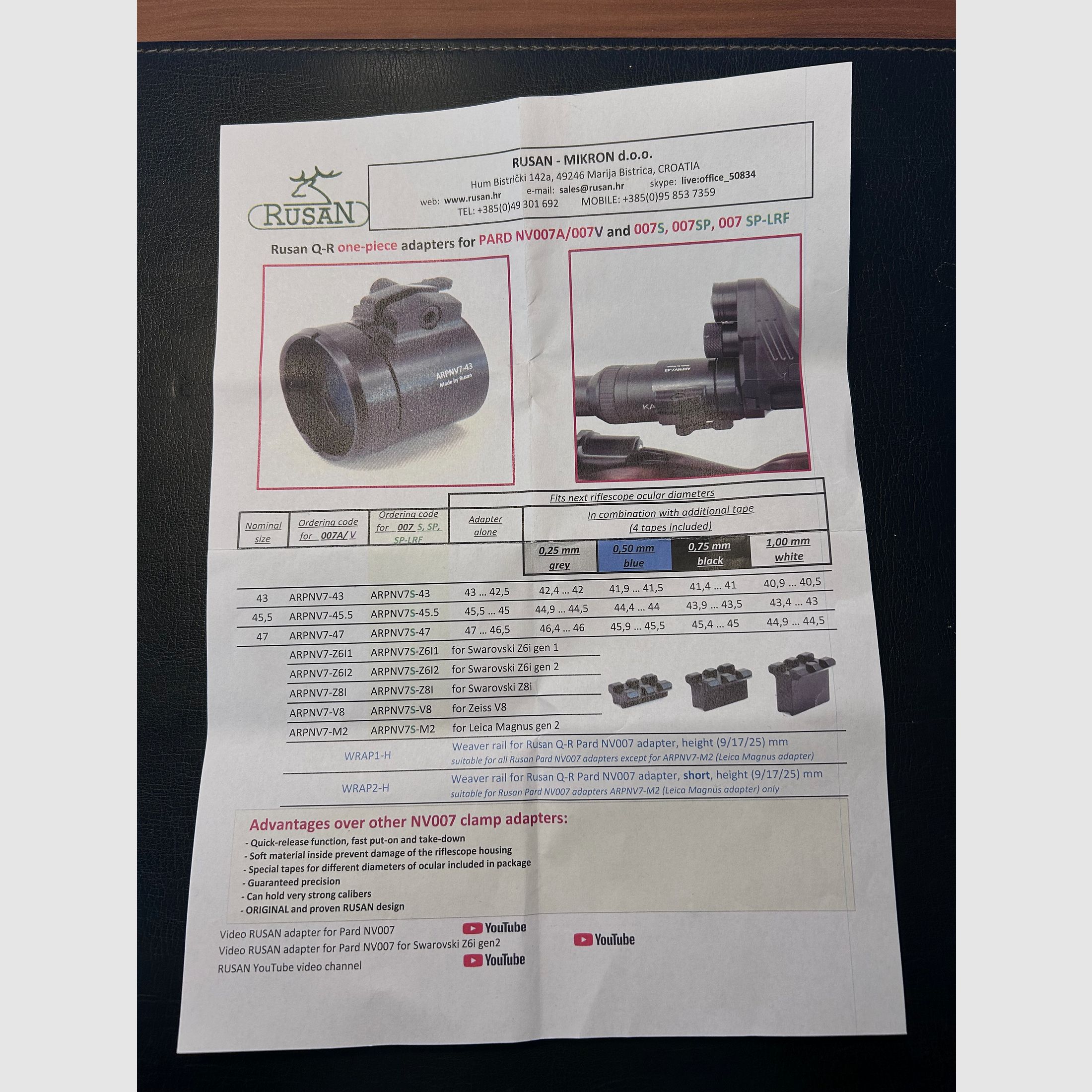 Rusan Q-R quick adapter for Swarovski Z8i, PARD NV007S/SP/SP-LFR