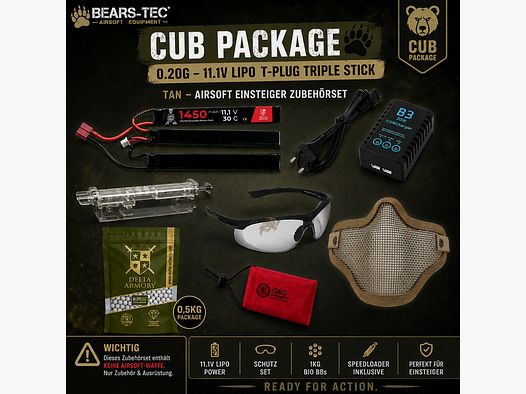 Cub Package 0.20g – 11.1v LiPo T-Plug Triple Stick TAN – Anfänger Zubehörset für Airsoft