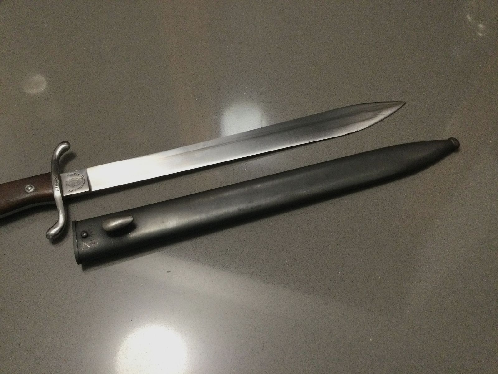Bayonet, 1909, Modelo Argentino, nummerngleich, Stahlscheide