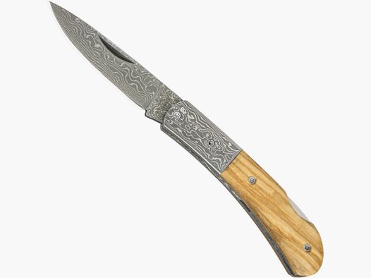 Damast-Taschenmesser Olivenholz mit Holzschatulle §42a konform legal führen