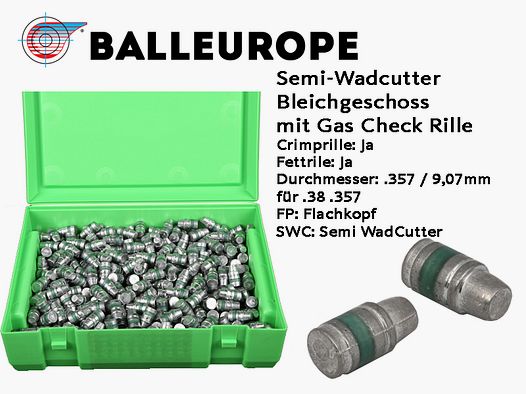 500 Bleigeschoße für .357 Magnum 38 Special 158 Grain Semi Wadcutter SWC Gas Check GC Balleurope K19