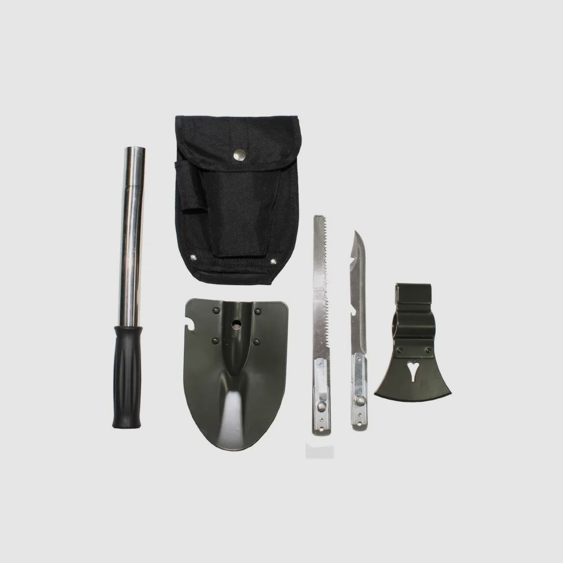 Set multifunzione, 6 in 1, con borsa - composto da: manico universale, ascia, pala, sega, coltello con apribottiglie e apriscatole