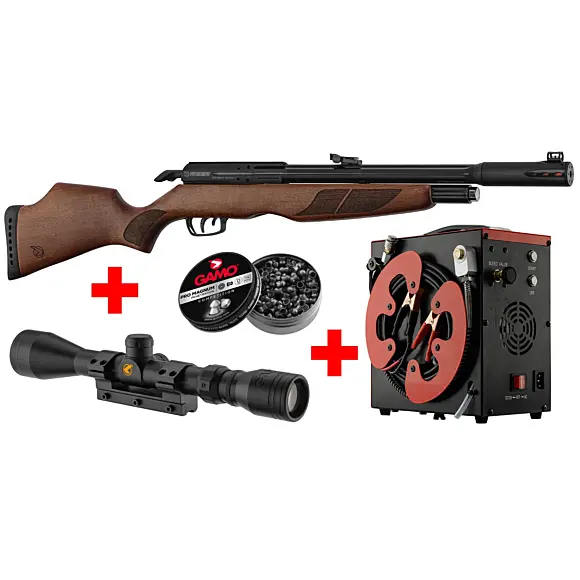 Pack PCP-Büchse Gamo Riser Punisher Kaliber 5,5 mm 40 Joule mit Kompressor
