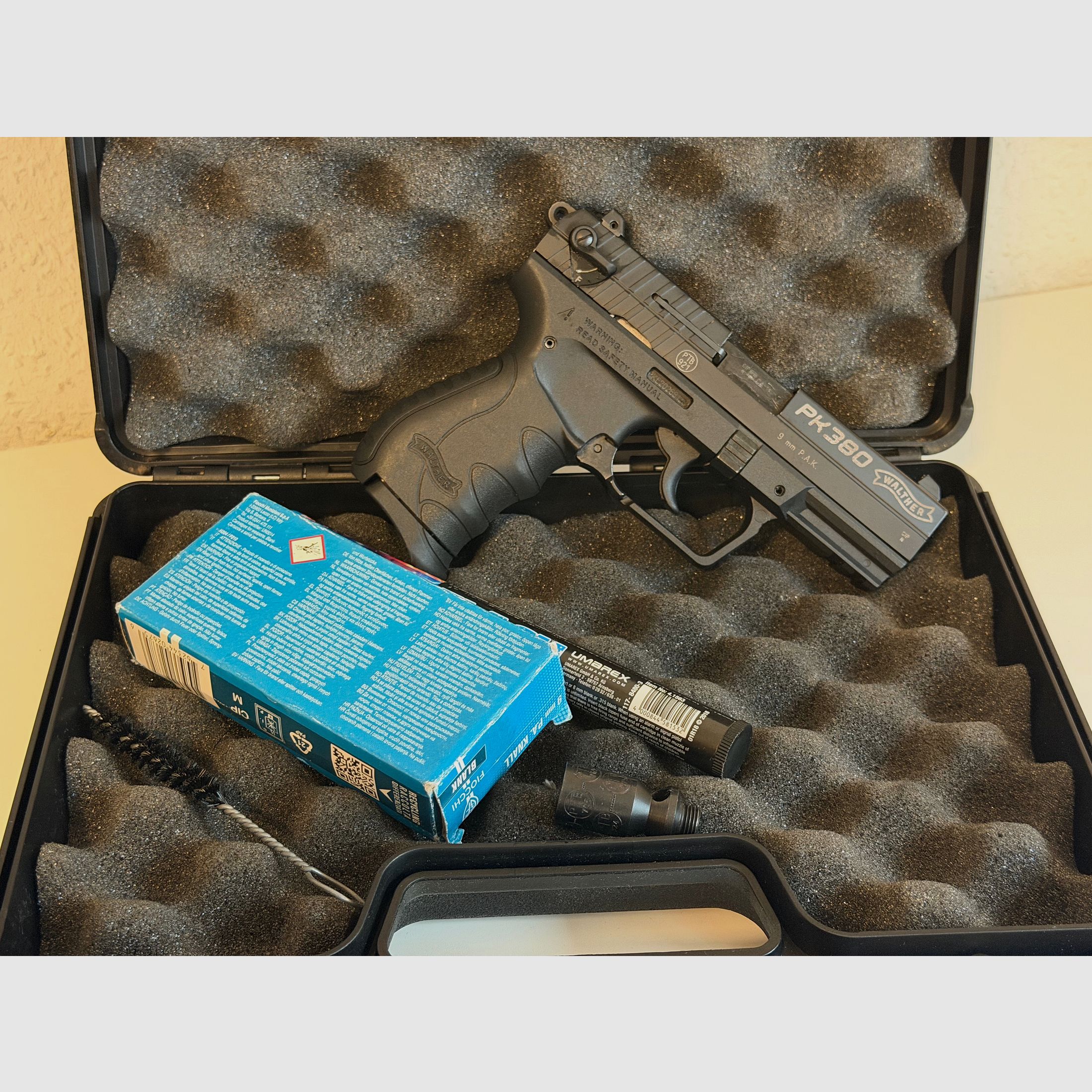Pistola de gas de alarma Walther PK 380 con cierre de acero y set