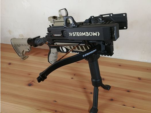 STEAMBOW AR-6 STINGER 2 CON MUCHO ACCESORIOS, RED DOT, KIT DE COLOR ARENA, BIPIEDE, CULATA PLEGABLE.