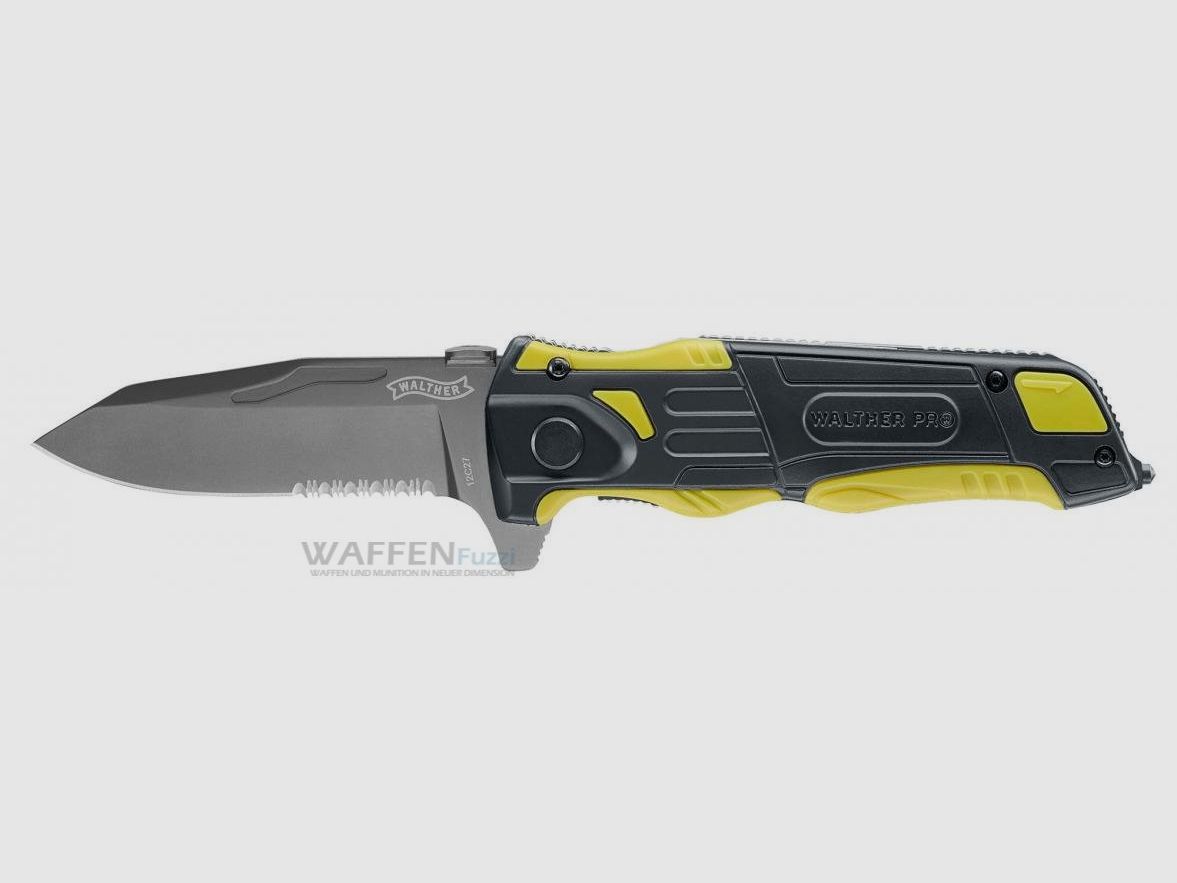 Cuchillo de rescate Walther PRO negro/amarillo con cortador de cinturón