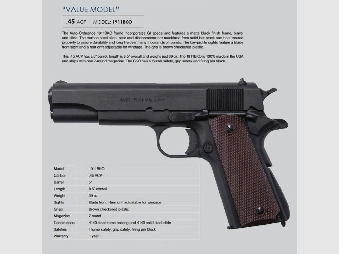 Auto-Ordnance 1911A1 GI Specs 5" (5 pouces) .45Auto