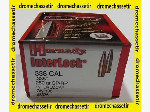 Box mit 100 Geschossen Hornady Interlock Kal. 338 Gewicht 250 Grain SP-RP Ref 3335