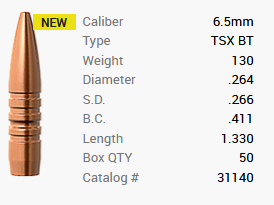 Balle Barnes 6,5mm/.264 130GR TSX HPBT 50 pièces
