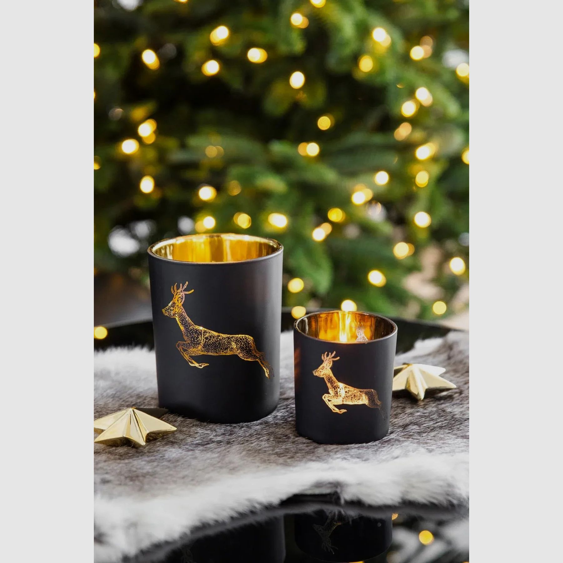 Teelichtglas Rehbock grün/gold
