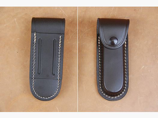 Bruine leren etui, lang en dwars te dragen voor messen tot max 13 cm heftlengte