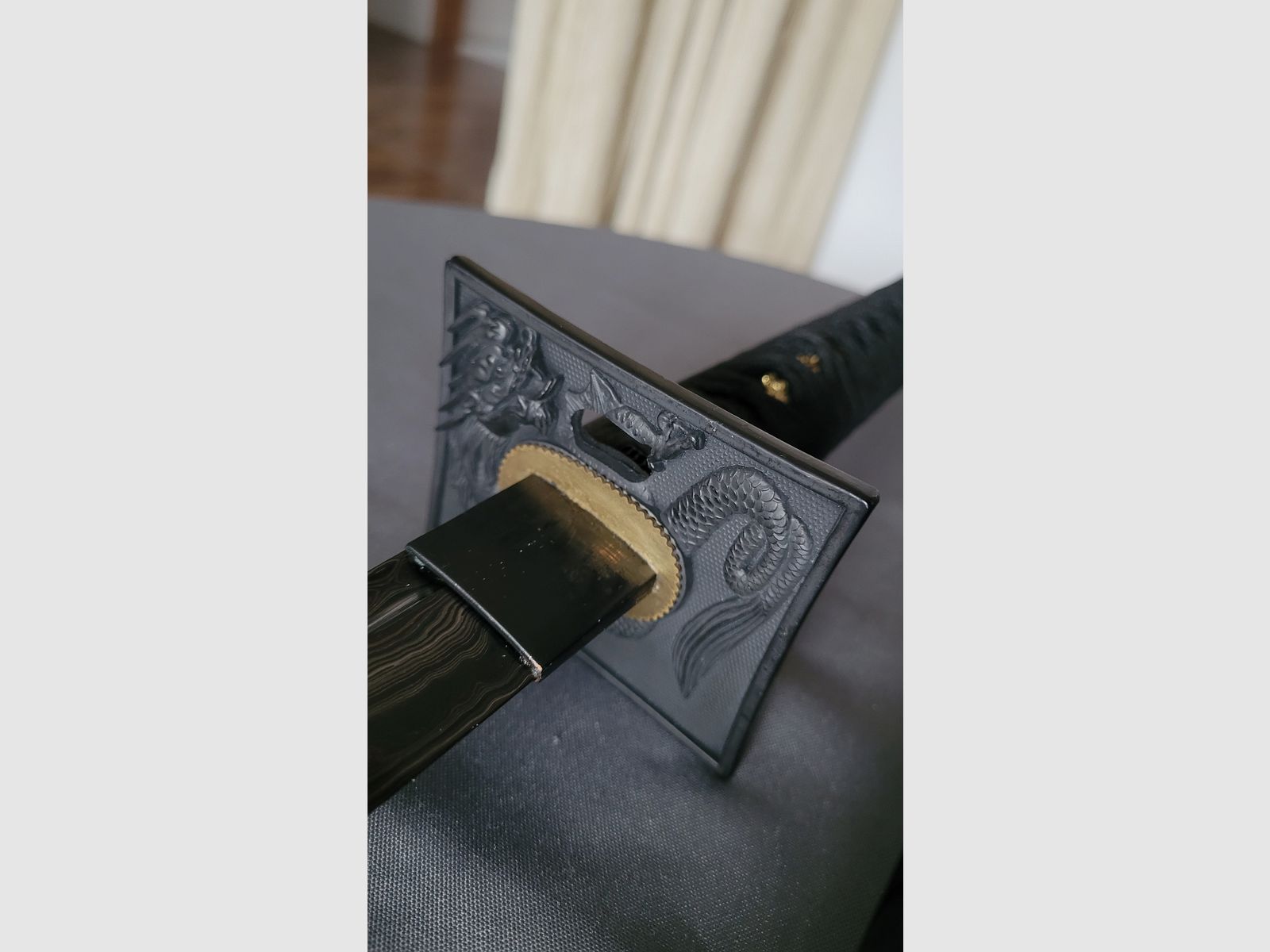 Ninjato Katana Schwert Schwarz Roter Damast wie Neu