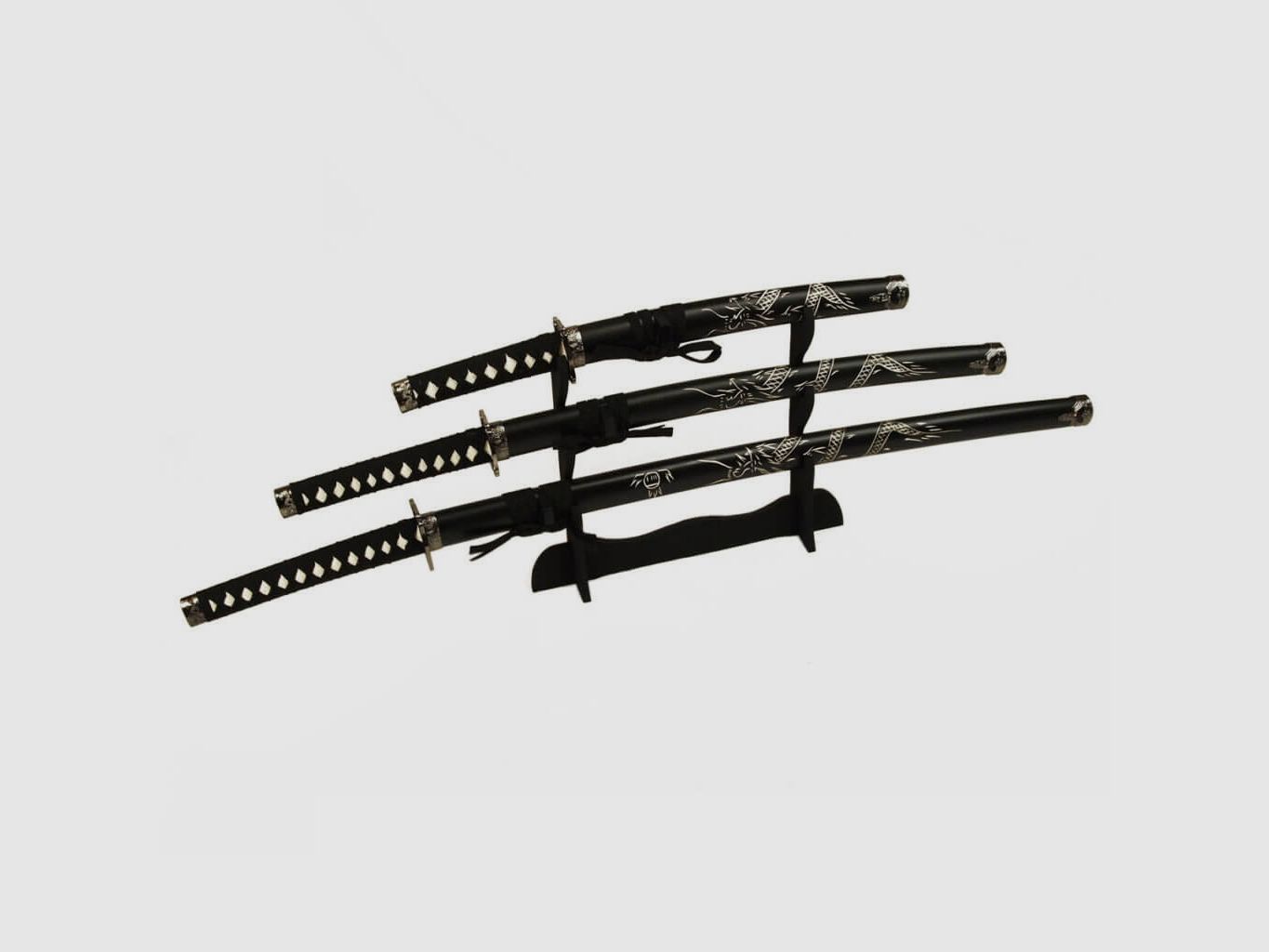 Zestaw Mieczy Samurajskich Shogun z Rzeźbionym Smokiem - Katana Wakizashi Tanto Stojak na Miecz